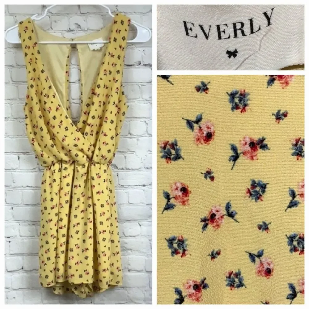 Anthro Everly Yellow Floral Romper Surplice Open Back Mini M Feminine Coquette